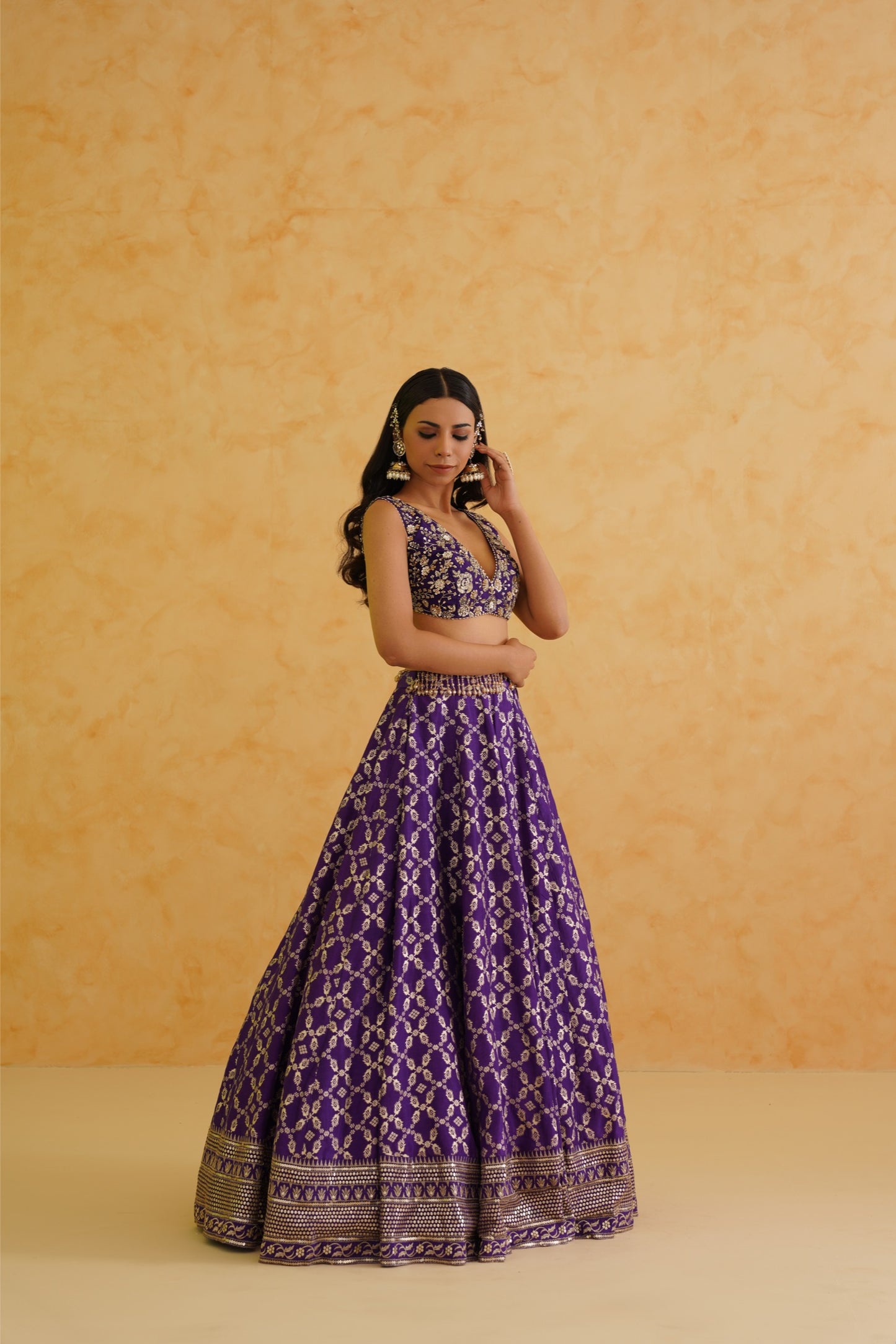 Purple brocade lehenga, blouse and dupatta Set