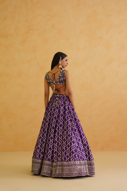 Purple brocade lehenga, blouse and dupatta Set