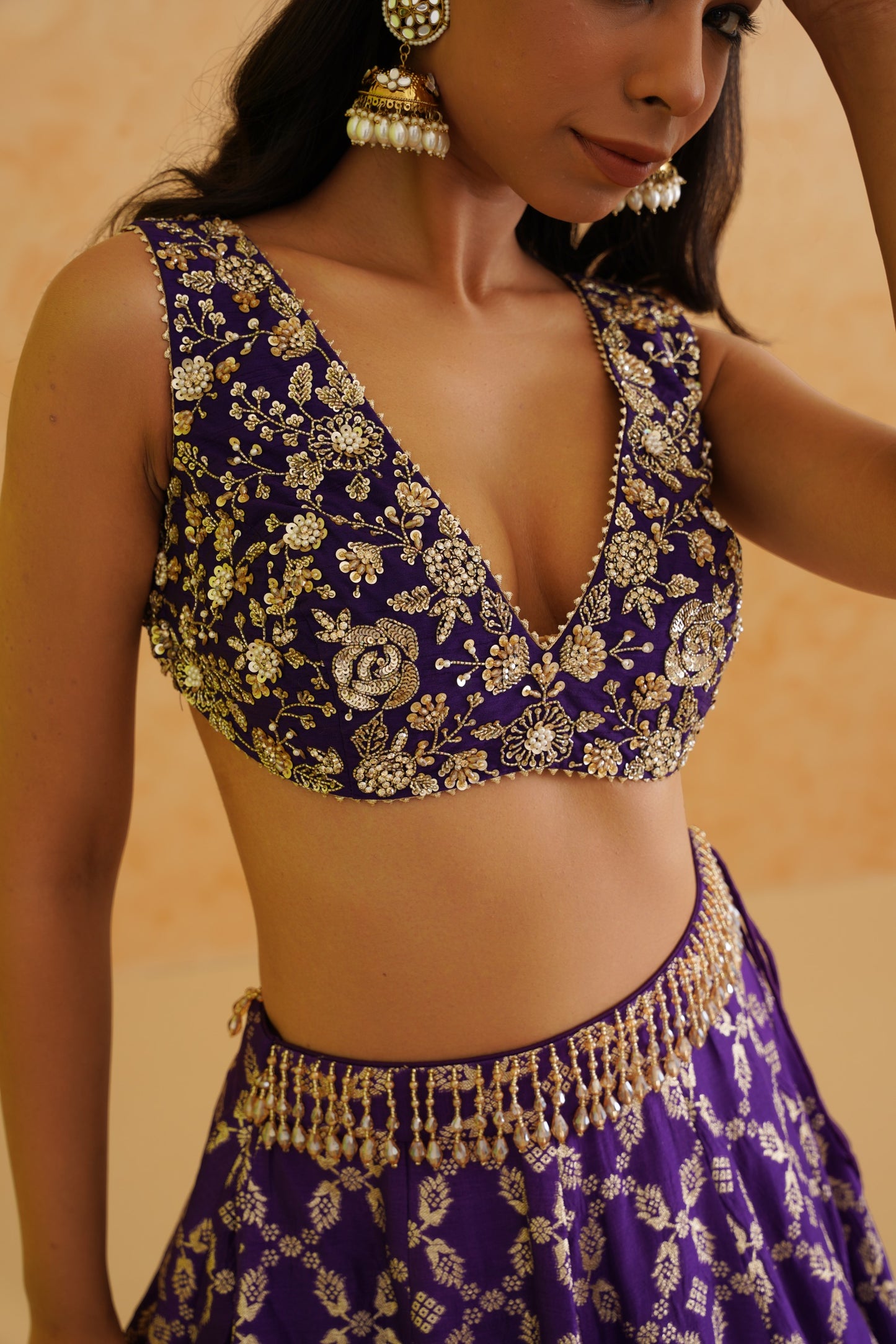 Purple brocade lehenga, blouse and dupatta Set