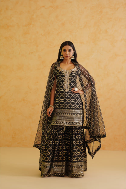 Black Brocade Kurti Garara Set