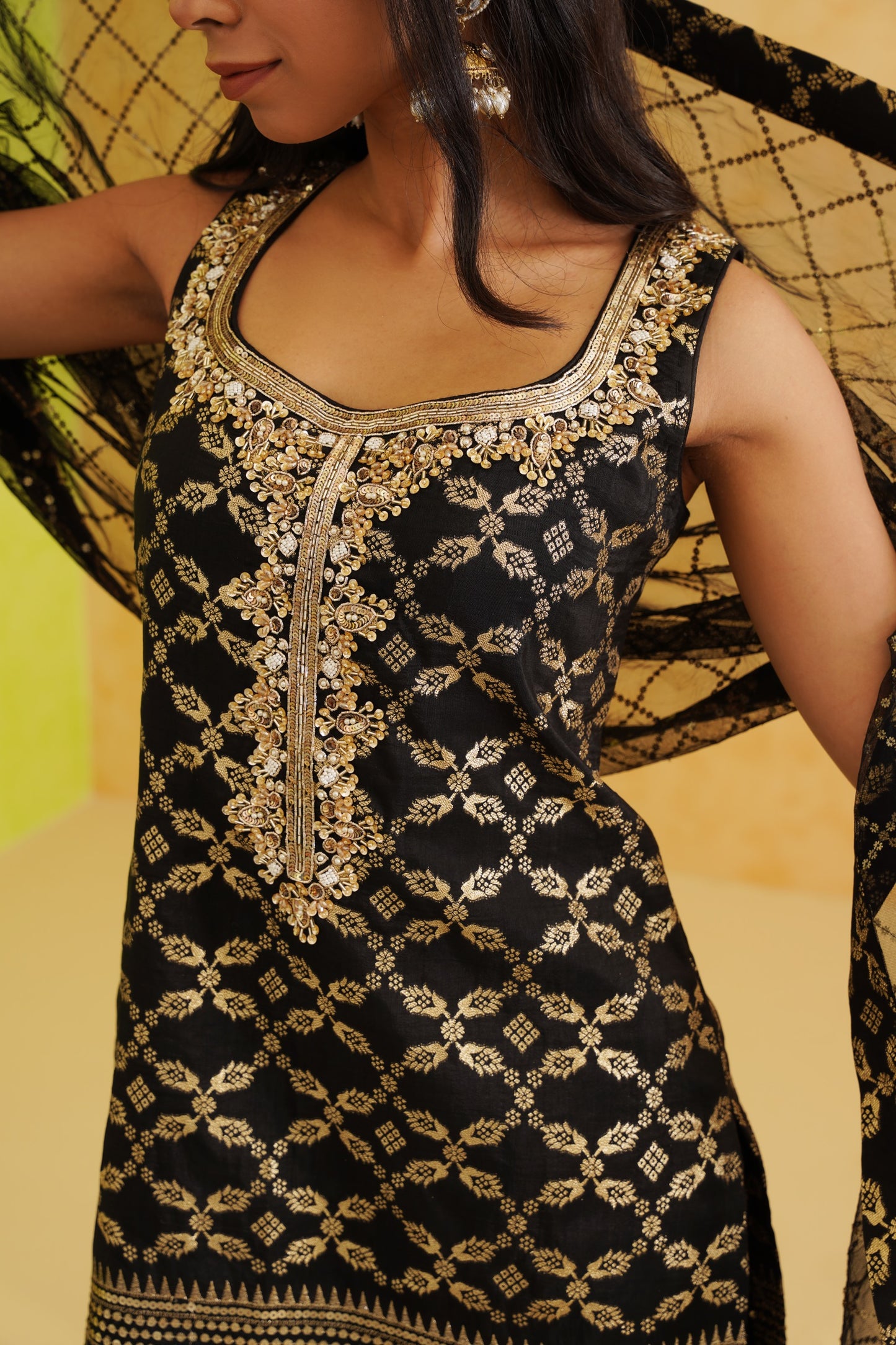 Black Brocade Kurti Garara Set