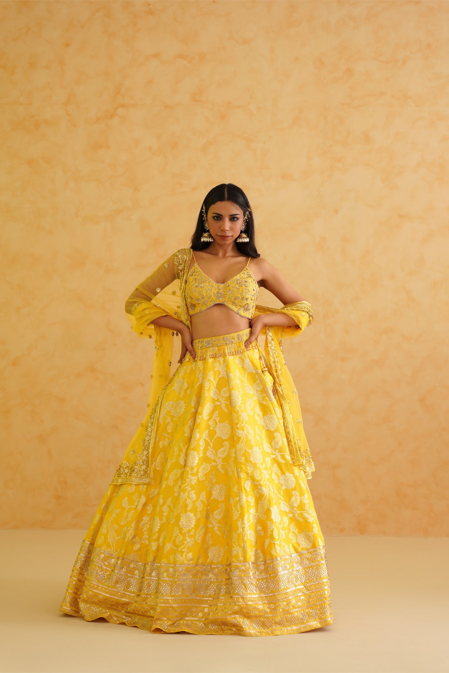 Yellow brocade lehenga, blouse and dupatta Set