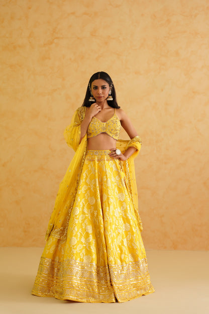 Yellow brocade lehenga, blouse and dupatta Set