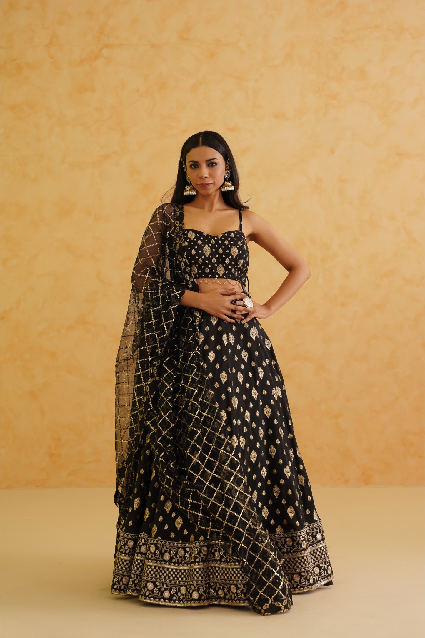 Black brocade lehenga, blouse and dupatta Set