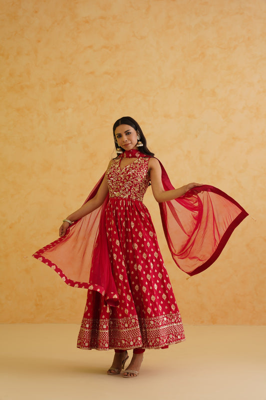 Red brocade anarkali, churidar and dupatta set