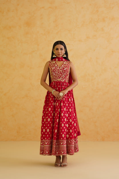 Red brocade anarkali, churidar and dupatta set