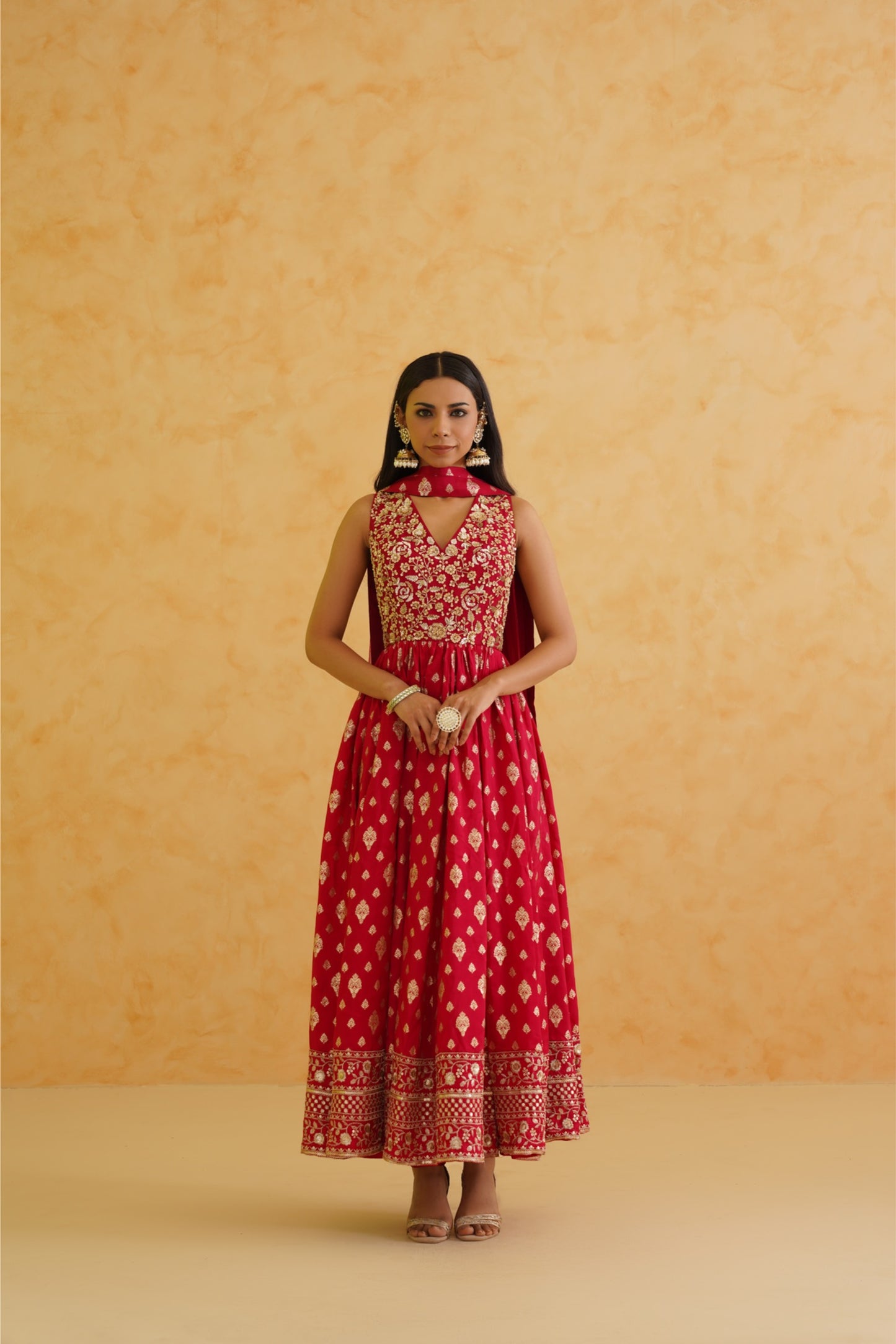 Red brocade anarkali, churidar and dupatta set