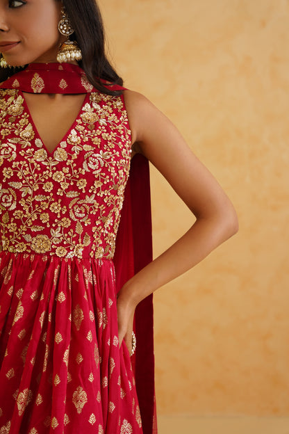 Red brocade anarkali, churidar and dupatta set