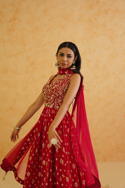 Red brocade anarkali, churidar and dupatta set