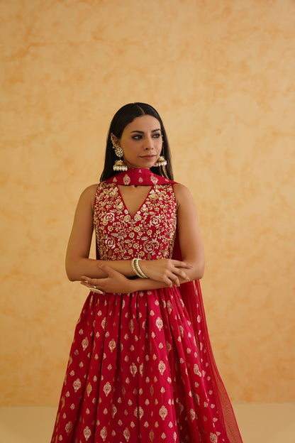 Red brocade anarkali, churidar and dupatta set