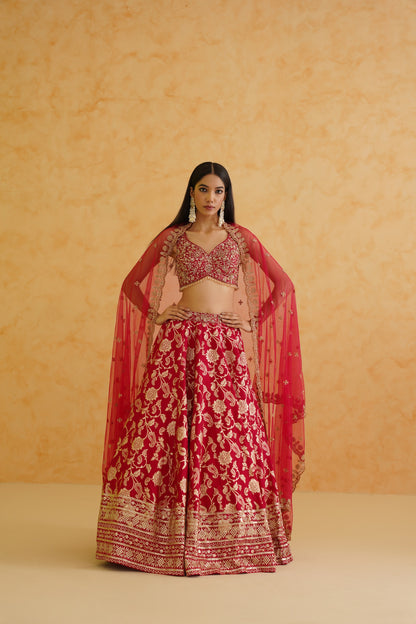 Fuschia brocade lehenga, blouse and dupatta Set