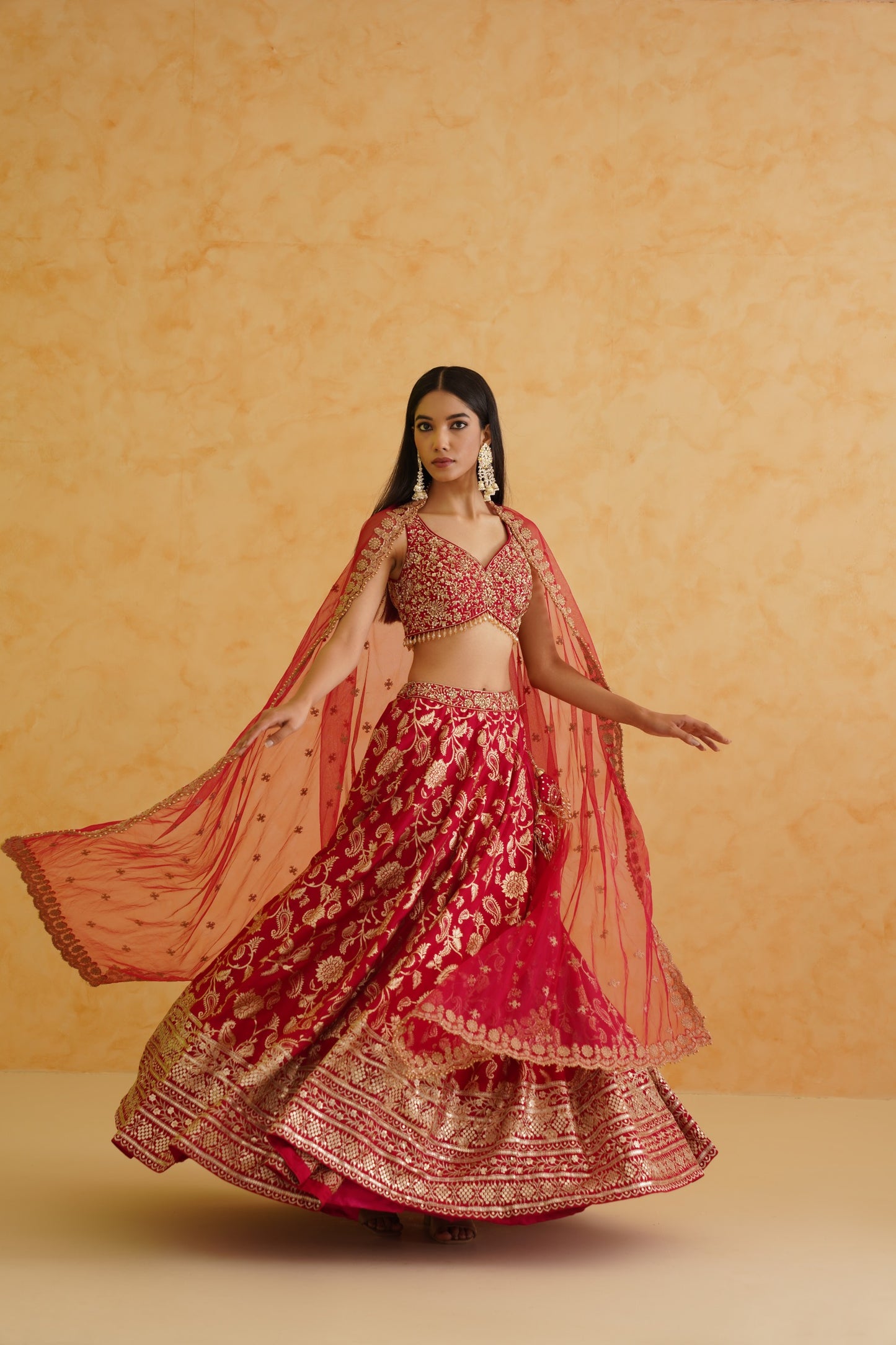 Fuschia brocade lehenga, blouse and dupatta Set