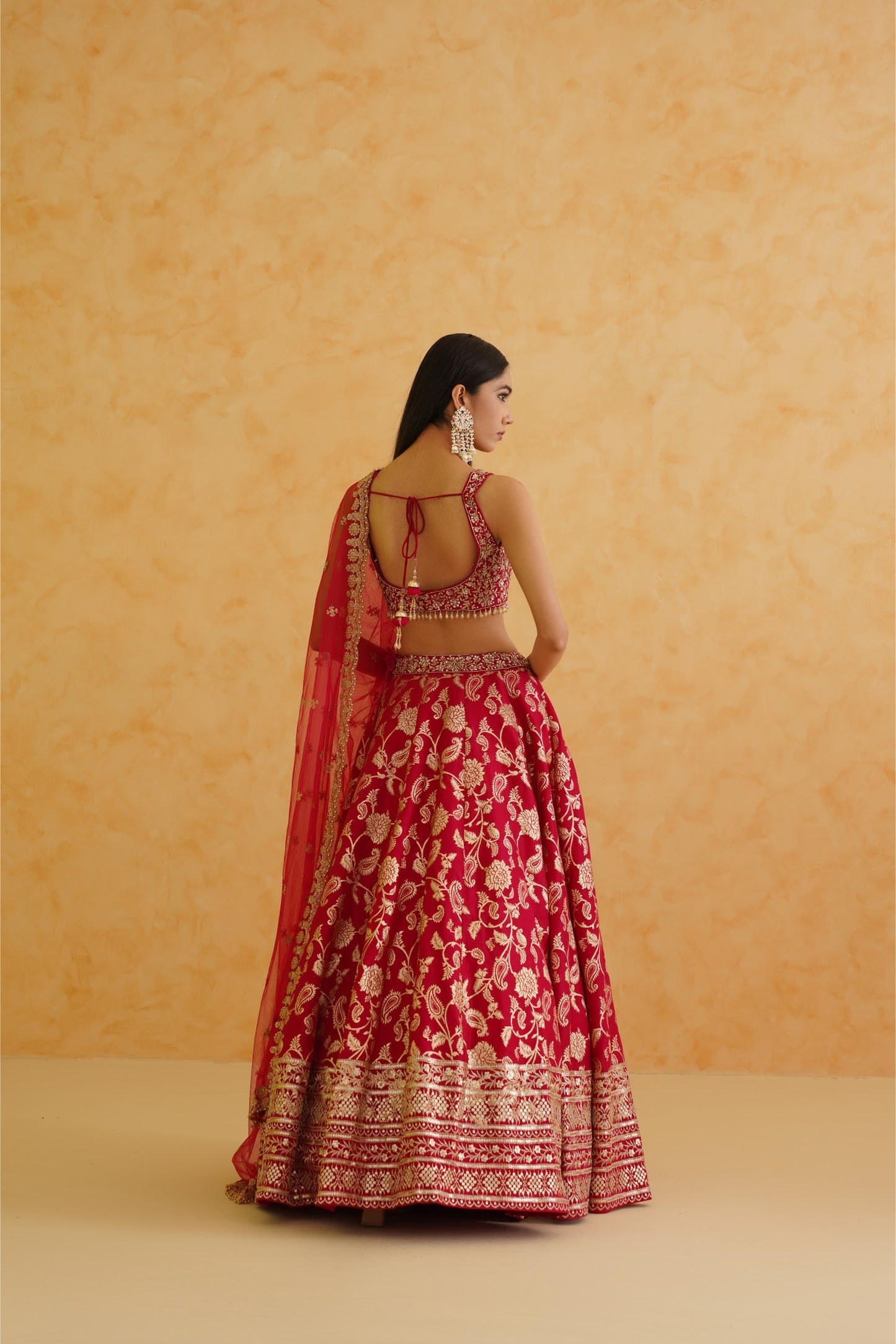 Fuschia brocade lehenga, blouse and dupatta Set