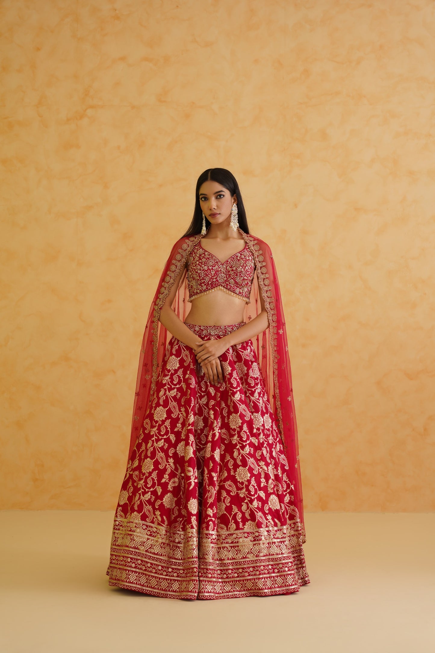 Fuschia brocade lehenga, blouse and dupatta Set