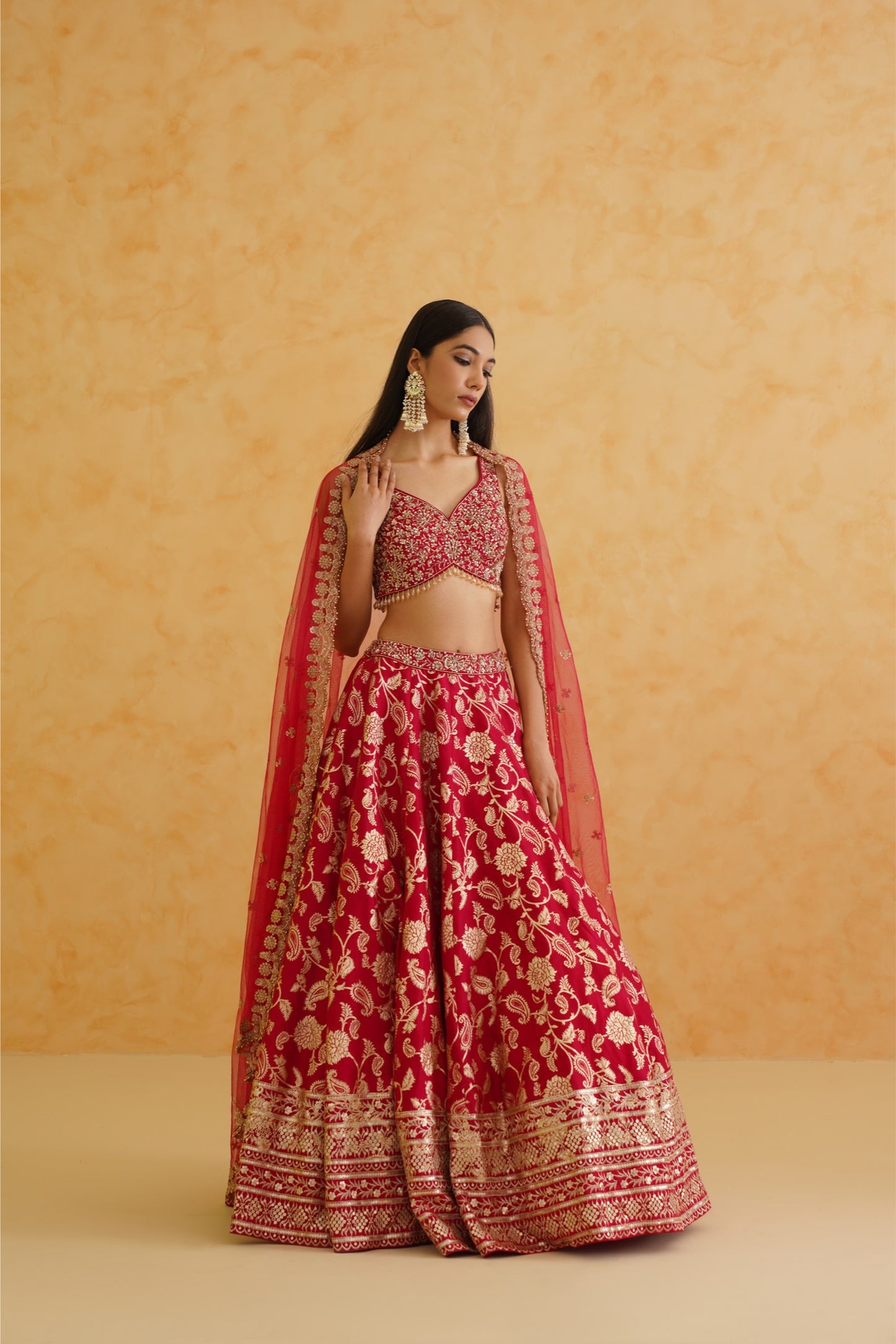 Fuschia brocade lehenga, blouse and dupatta Set