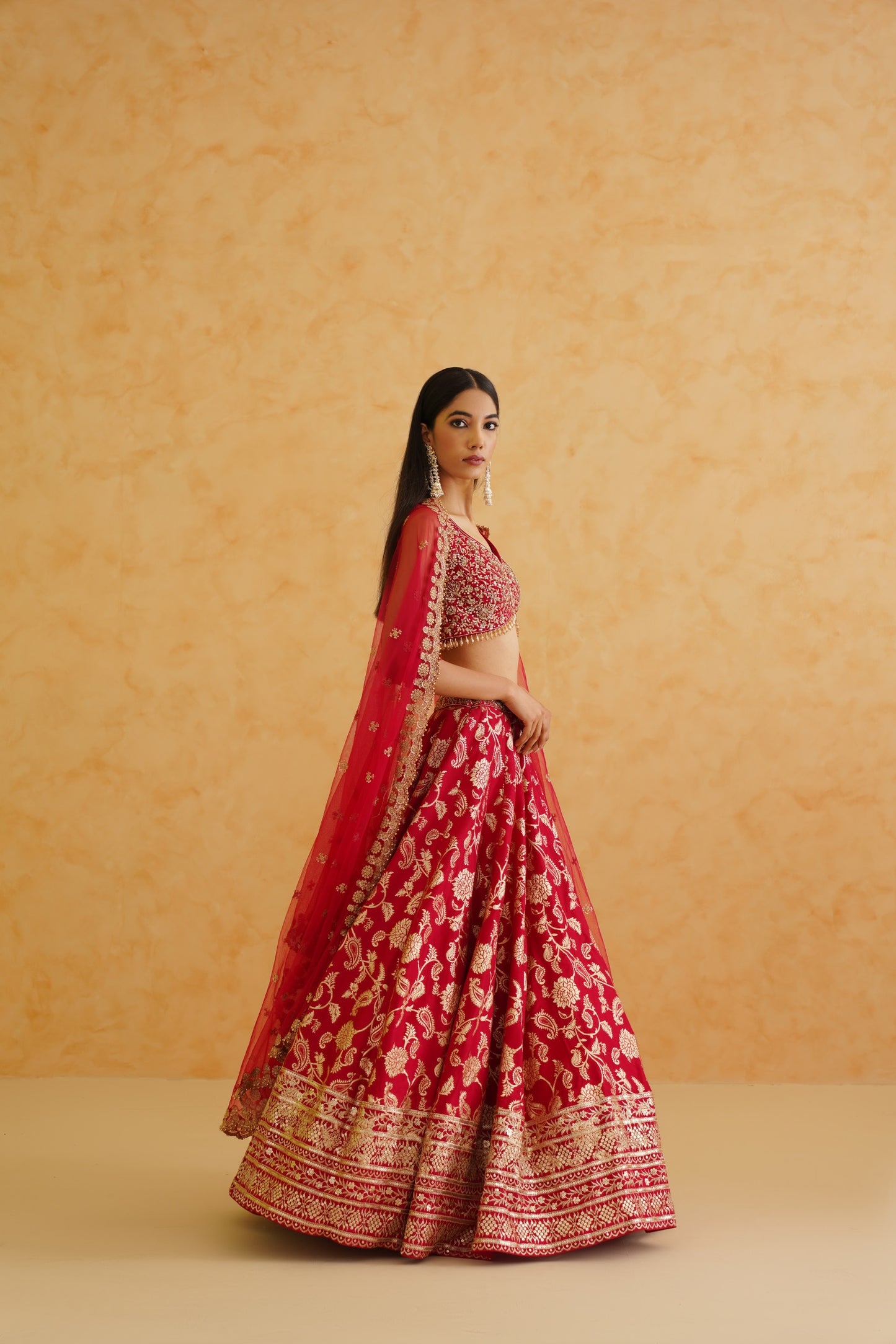 Fuschia brocade lehenga, blouse and dupatta Set