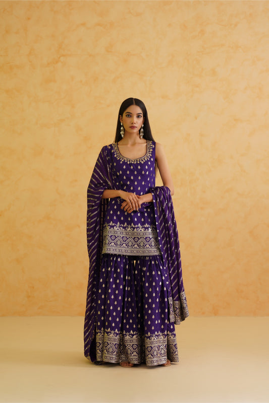 Purple Brocade Kurti Sharara Set