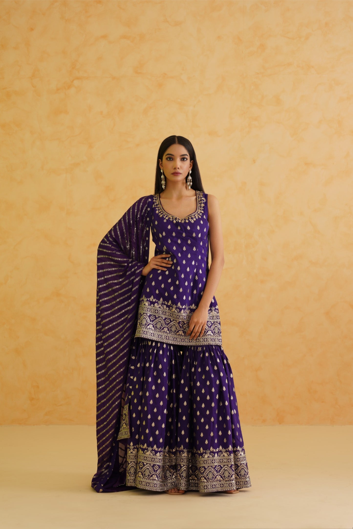 Purple Brocade Kurti Sharara Set