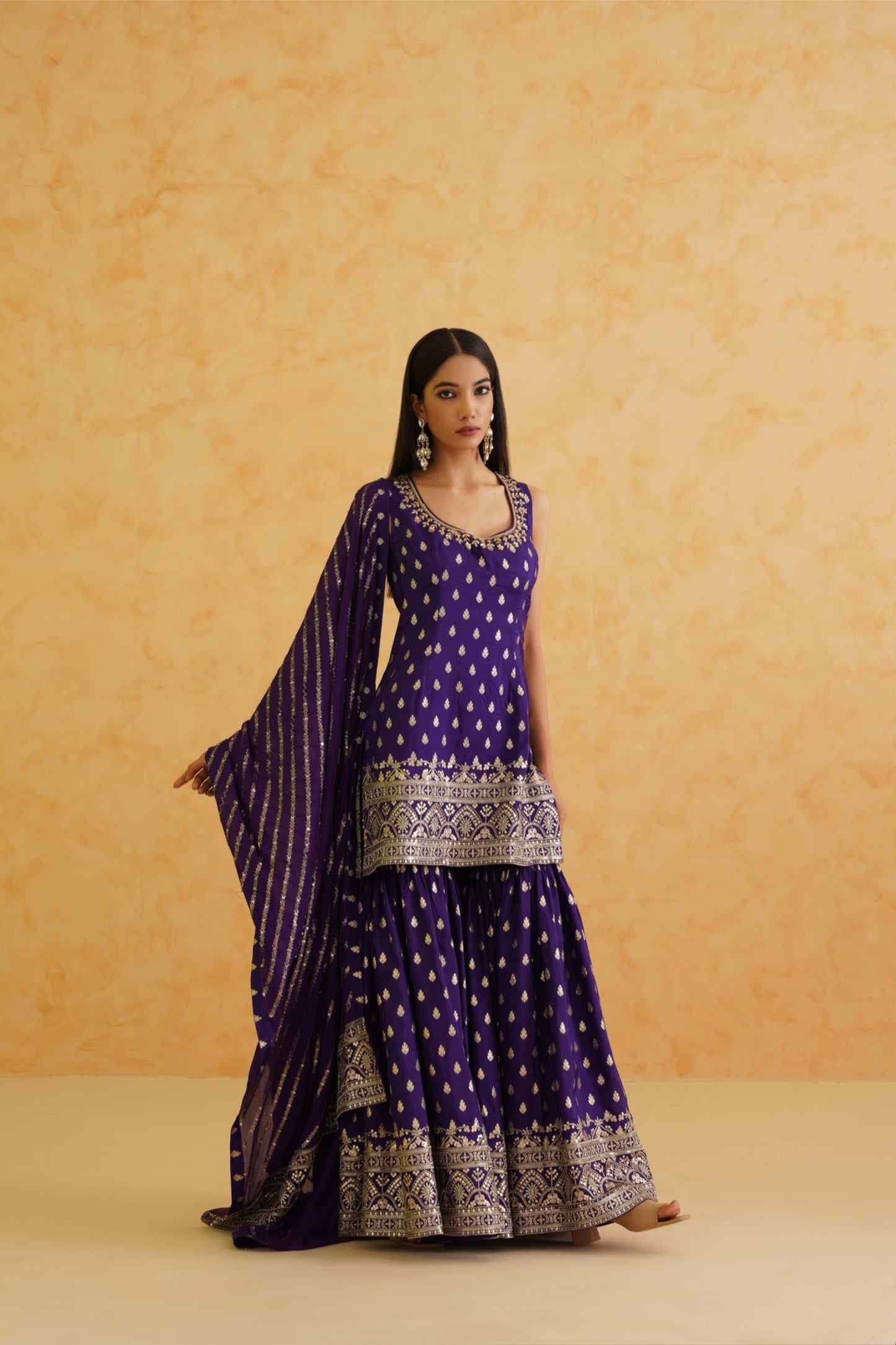 Purple Brocade Kurti Sharara Set