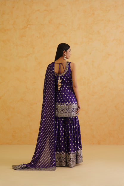 Purple Brocade Kurti Sharara Set