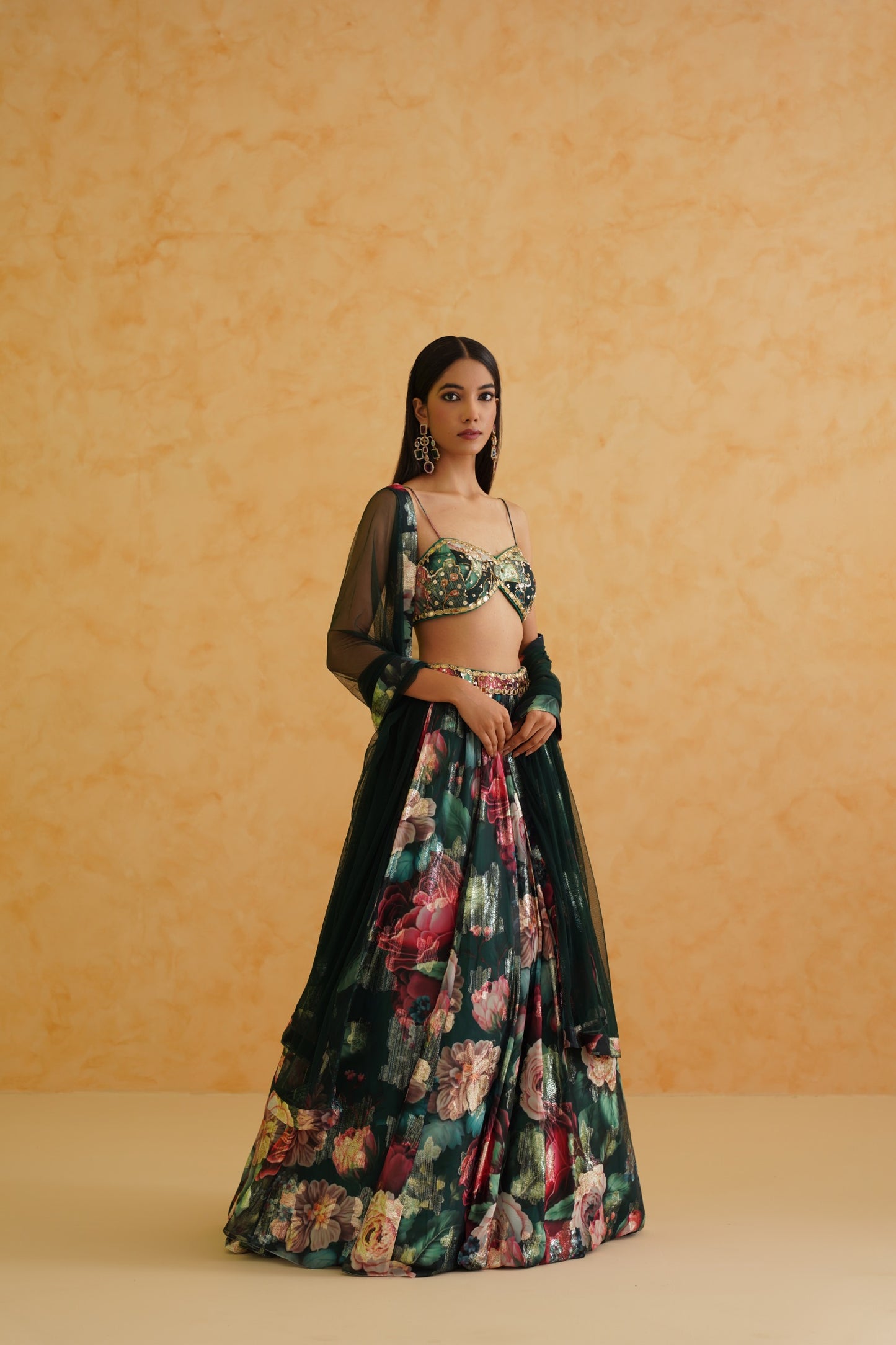 Green printed georgette lehenga, Blouse and dupatta Set