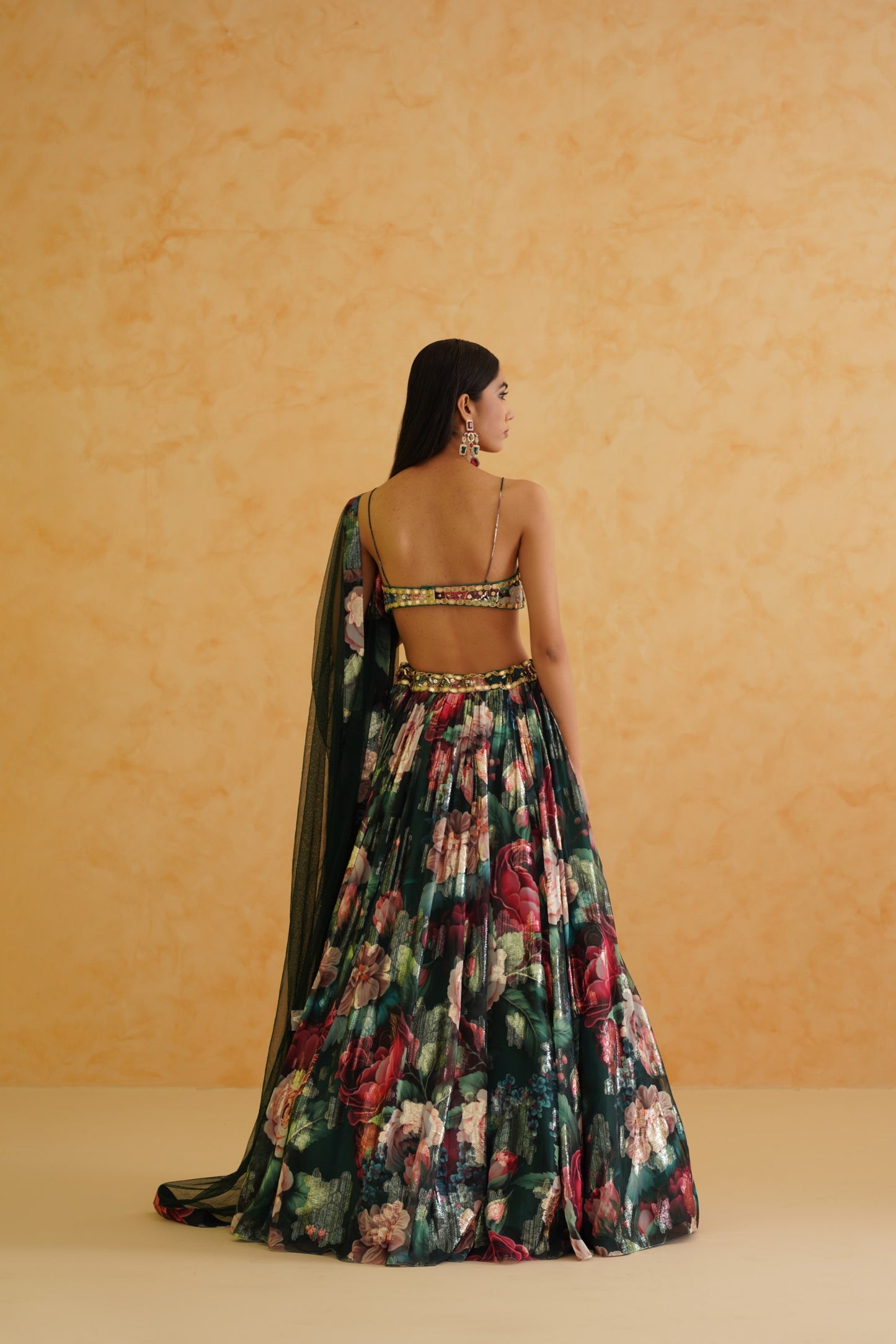 Green printed georgette lehenga, Blouse and dupatta Set