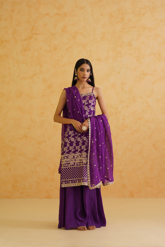 Purple Brocade Kurti Sharara Set