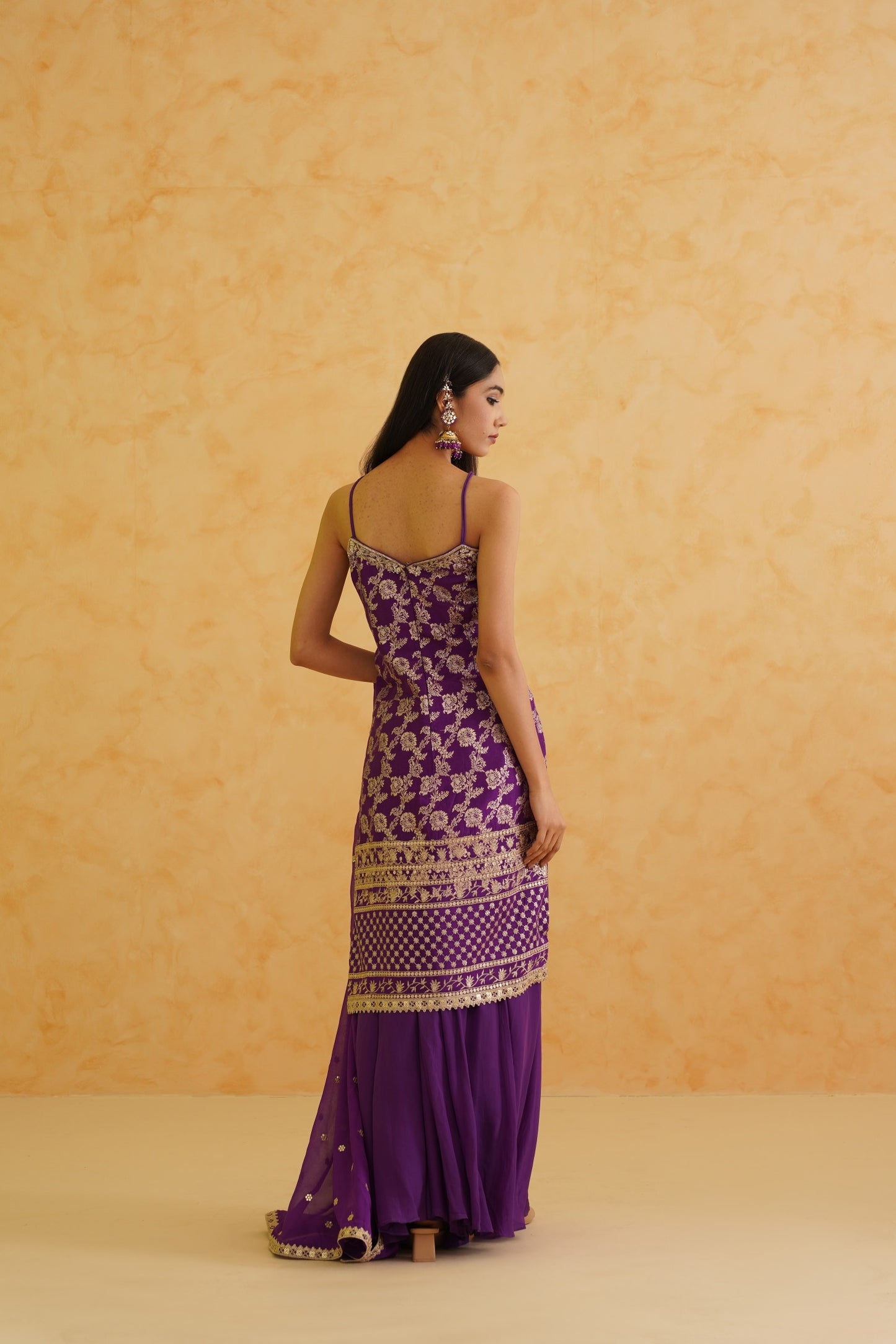 Purple Brocade Kurti Sharara Set