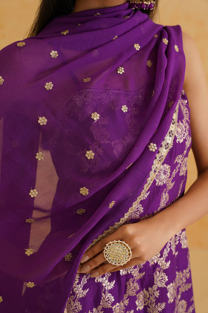 Purple Brocade Kurti Sharara Set