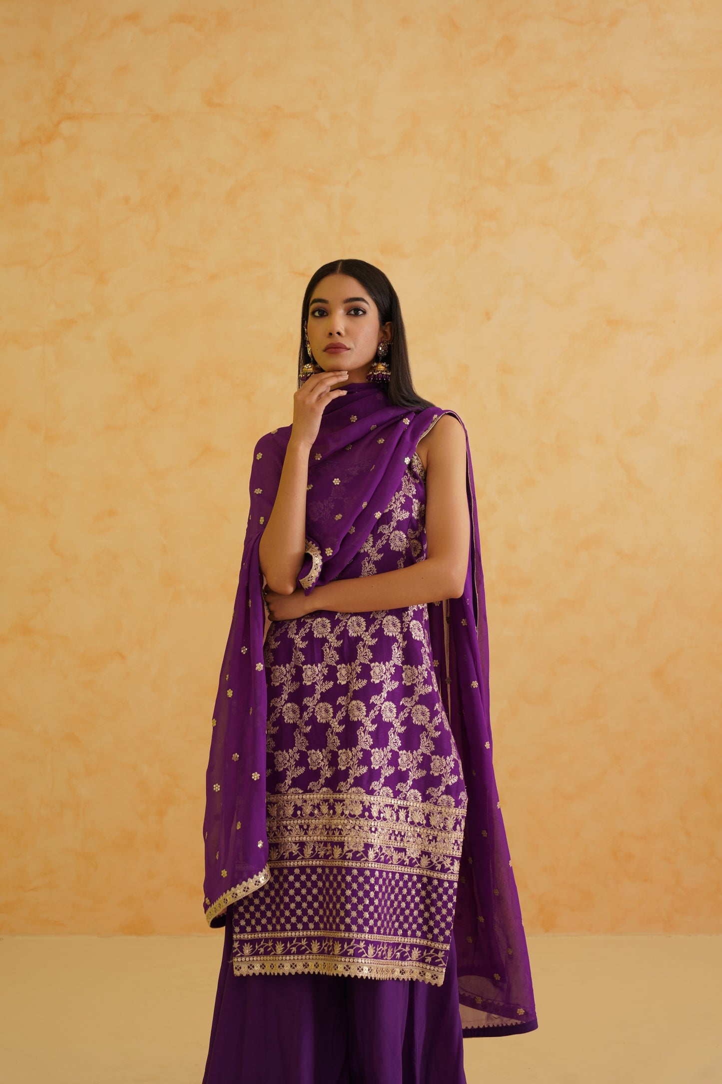 Purple Brocade Kurti Sharara Set