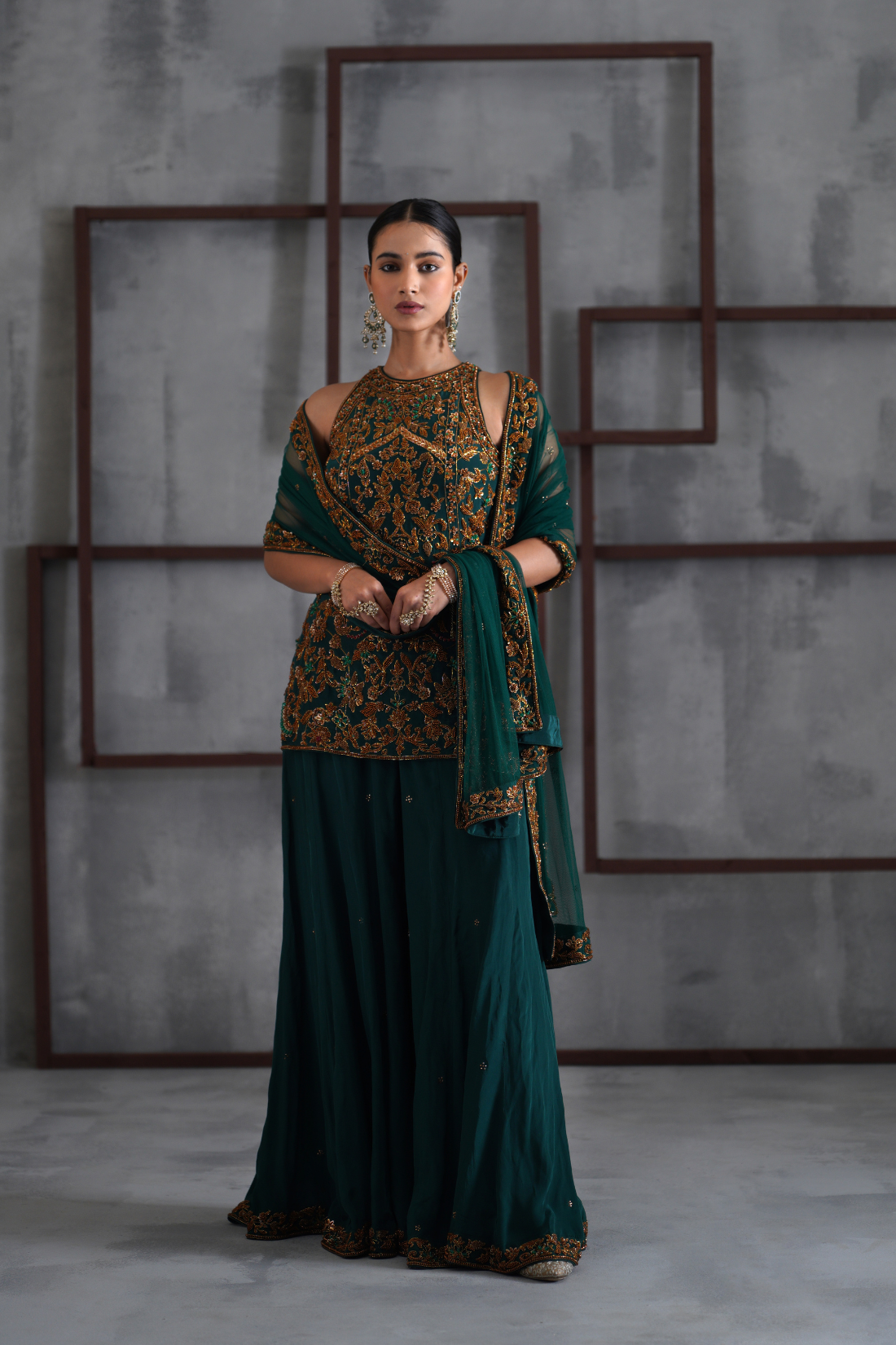 Emerald green embroidered Sharara Set