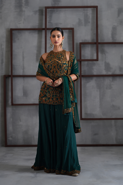 Emerald green embroidered Sharara Set
