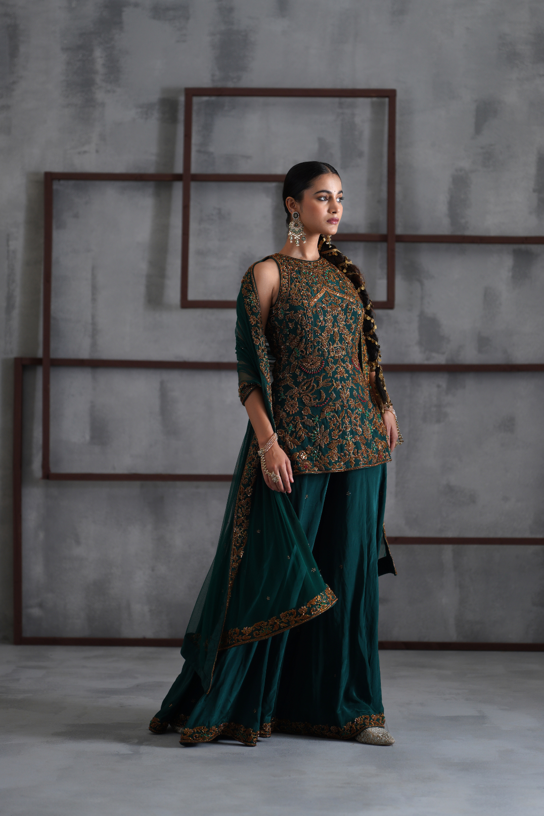 Emerald green embroidered Sharara Set