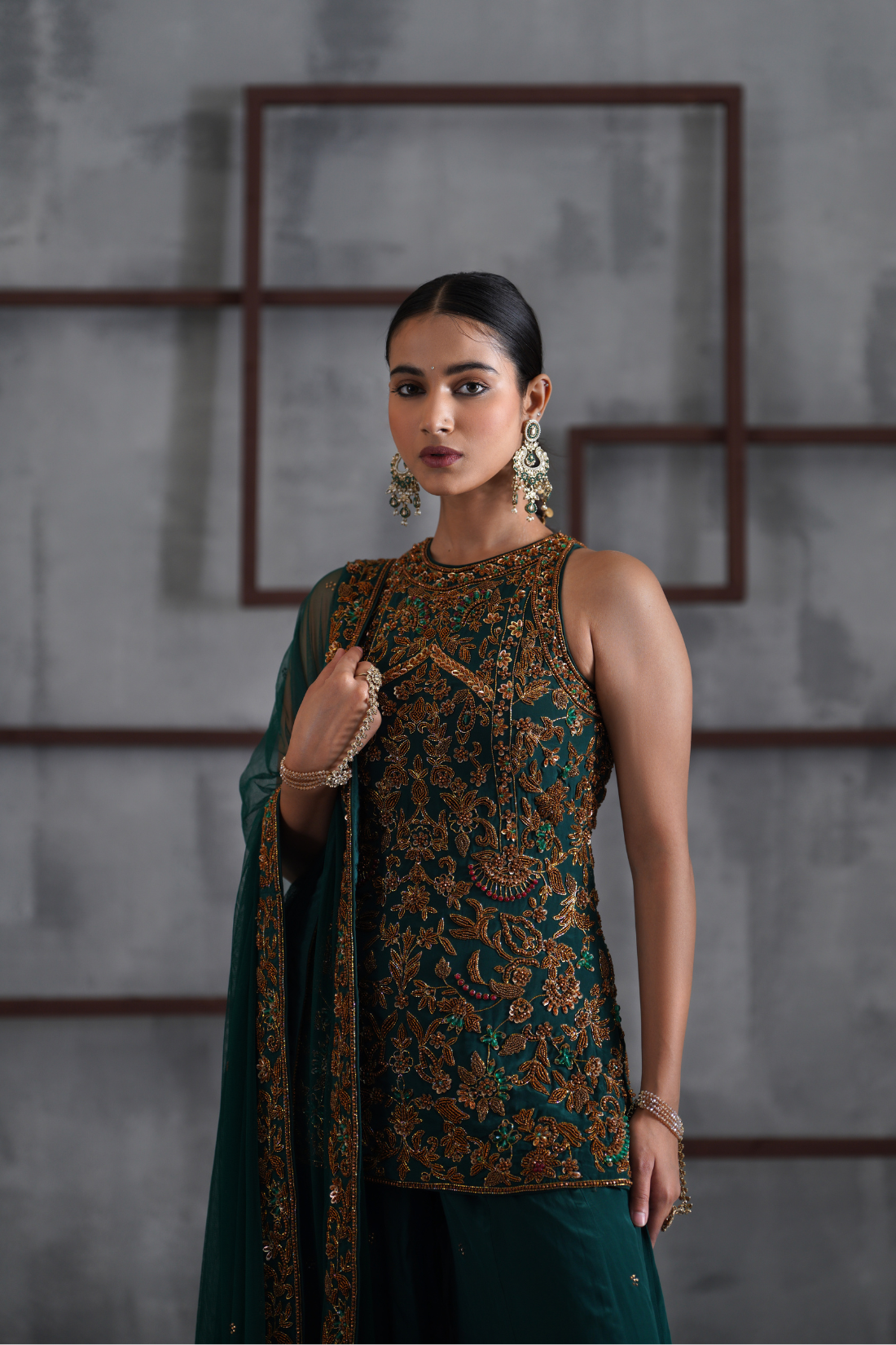 Emerald green embroidered Sharara Set