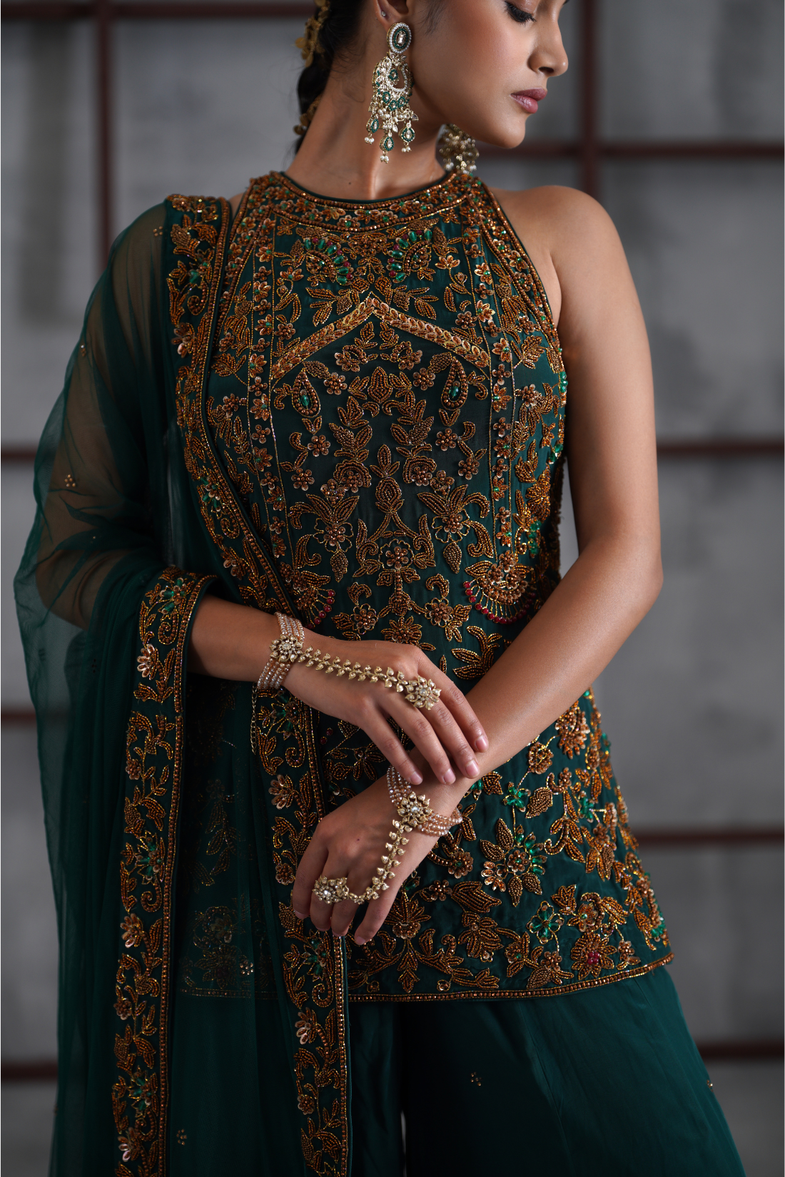 Emerald green embroidered Sharara Set