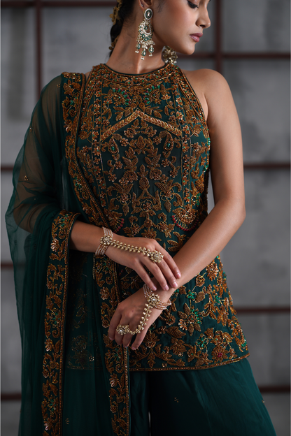 Emerald green embroidered Sharara Set