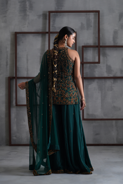 Emerald green embroidered Sharara Set
