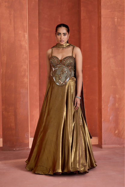 Antique Gold Corset  Chokar Dupatta and Lehenga
