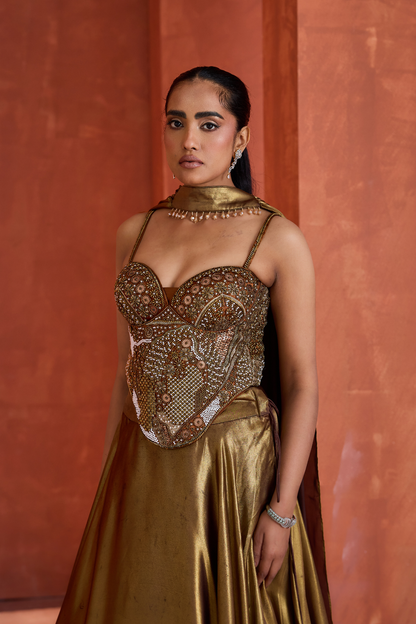 Antique Gold Corset  Chokar Dupatta and Lehenga