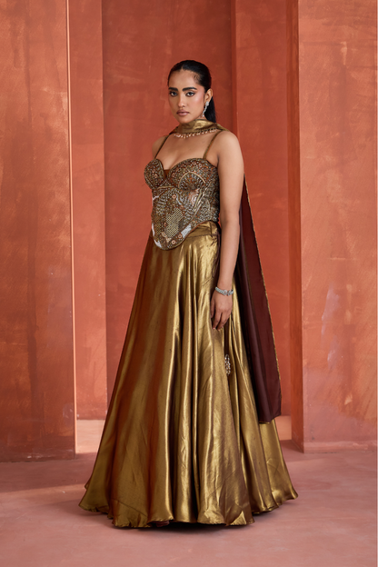 Antique Gold Corset  Chokar Dupatta and Lehenga