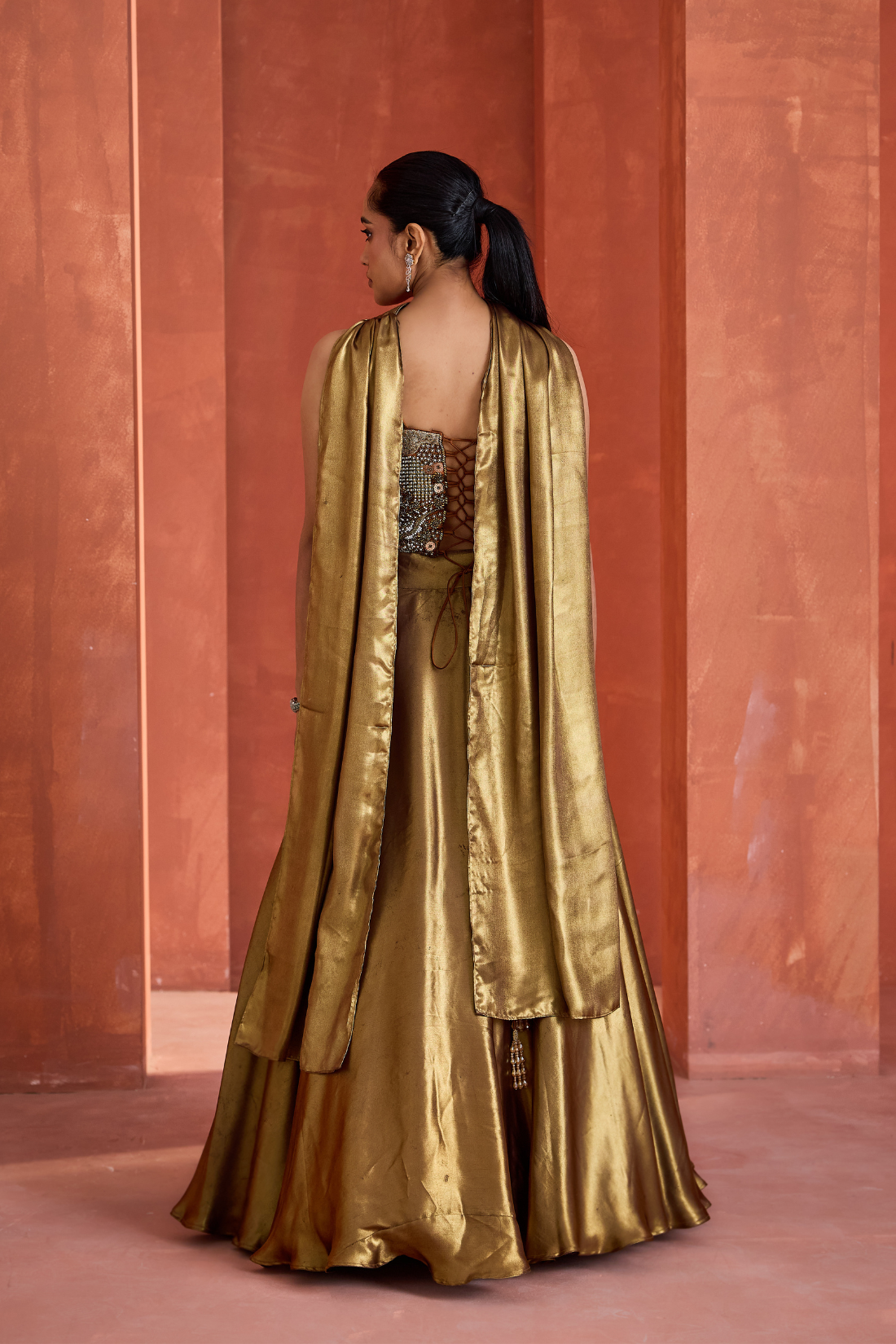Antique Gold Corset  Chokar Dupatta and Lehenga