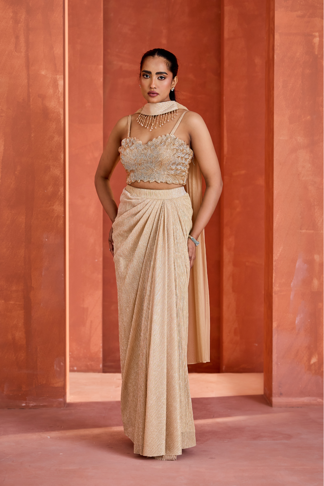 Light gold blouse Drape Skirt And Choker Dupatta