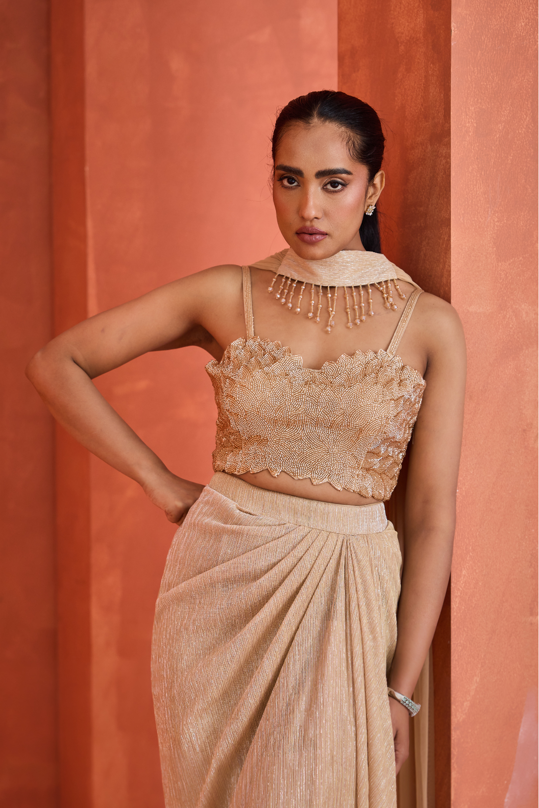Light gold blouse Drape Skirt And Choker Dupatta