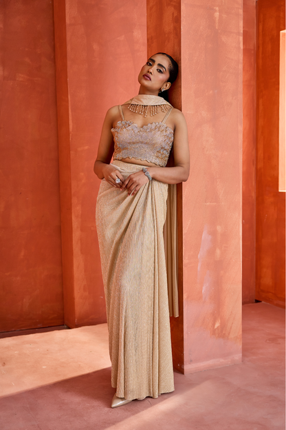 Light gold blouse Drape Skirt And Choker Dupatta