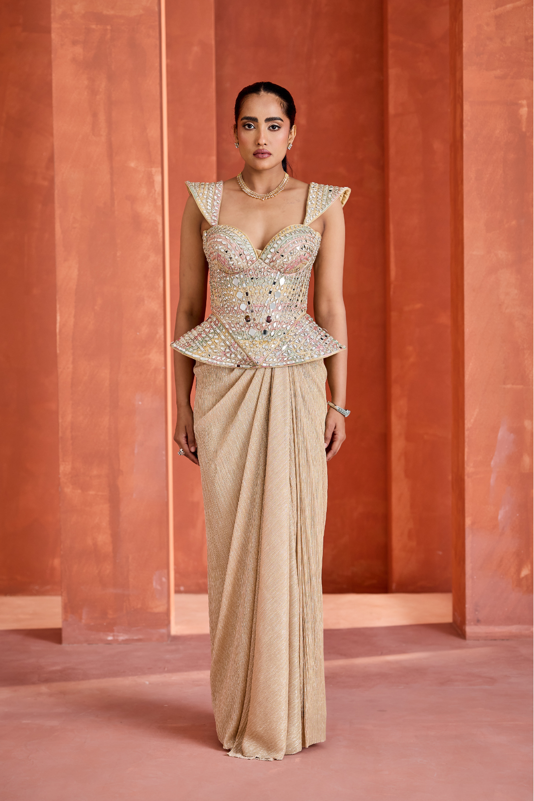 Drape skirt along pallu and Corset