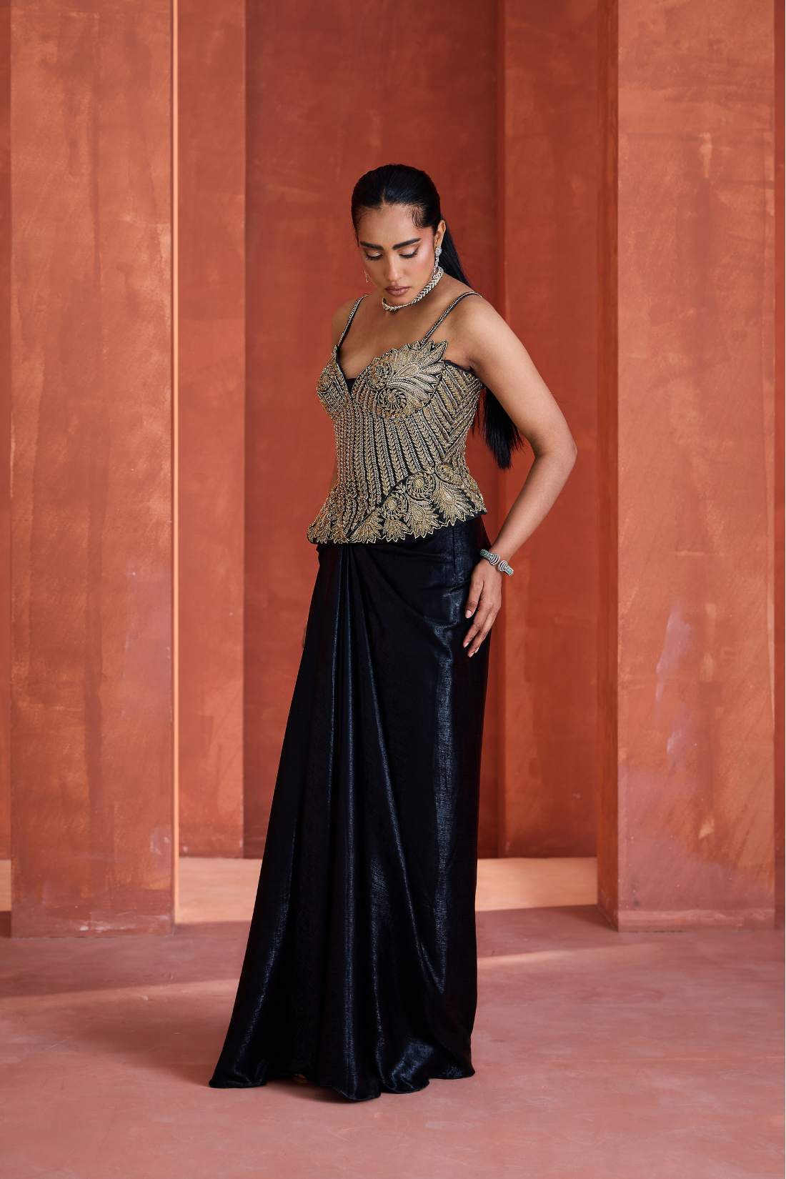 Black drape skirt gold corset