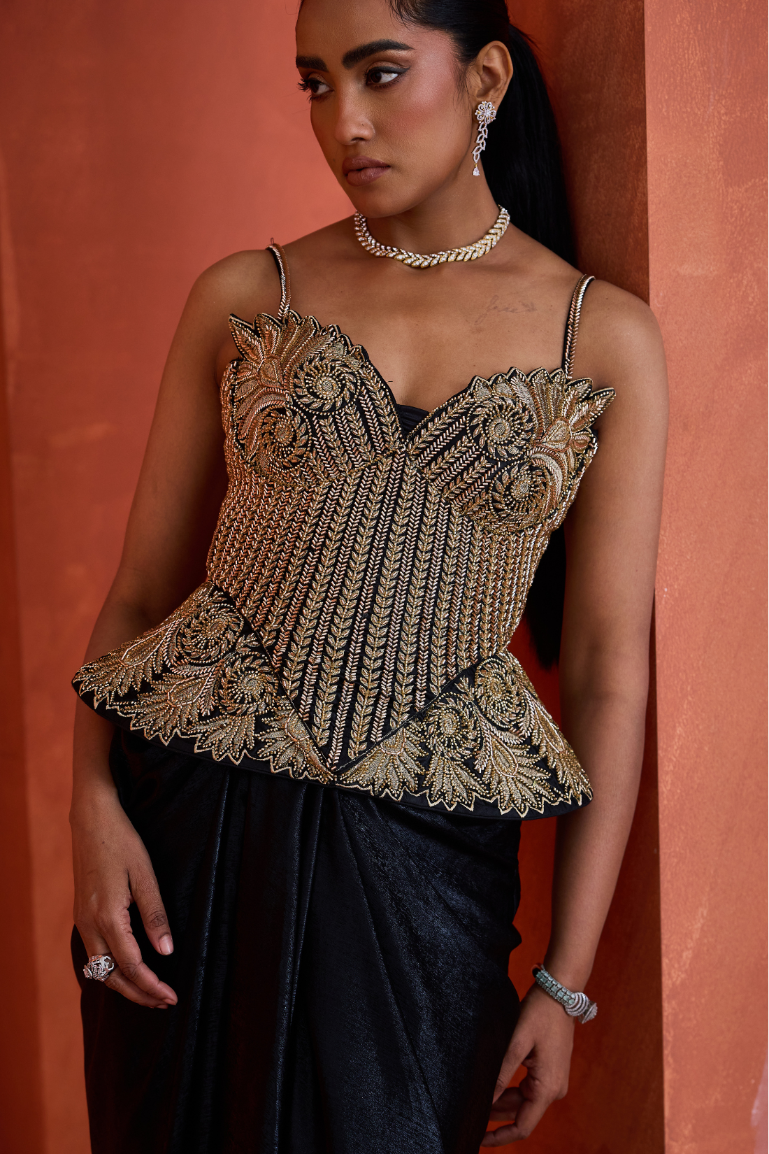 Black drape skirt gold corset