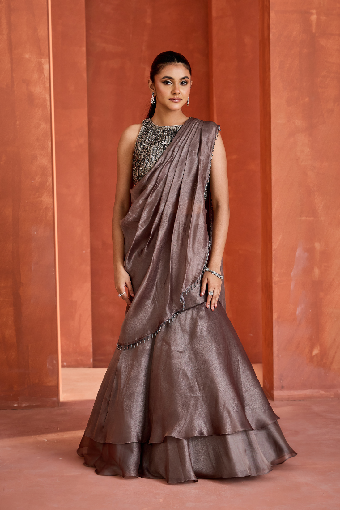 Steel grey Mermaid drape skirt and blouse