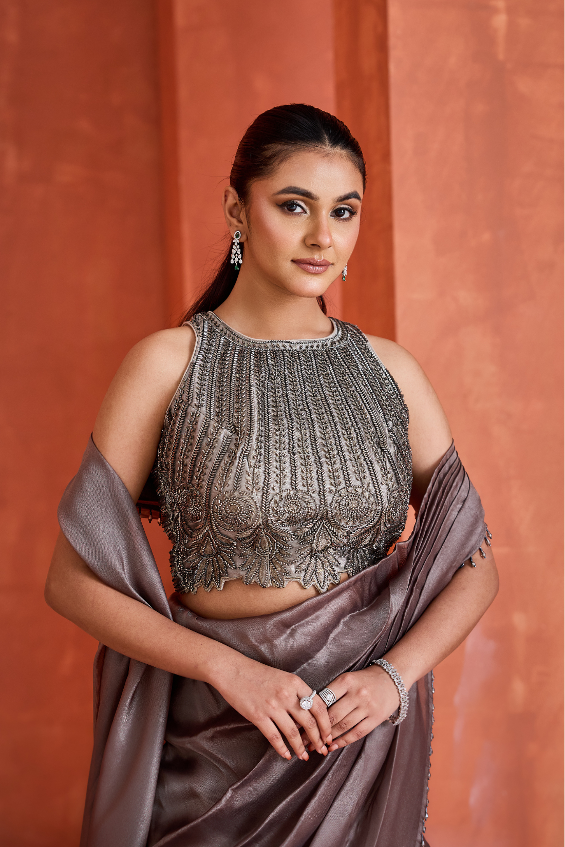 Steel grey Mermaid drape skirt and blouse