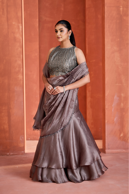 Steel grey Mermaid drape skirt and blouse